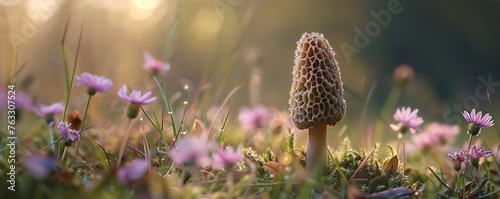 A closeup of an upright morel mushroom standing in a meadow with soft pink flowers. banner size. morning. mushroom hunting