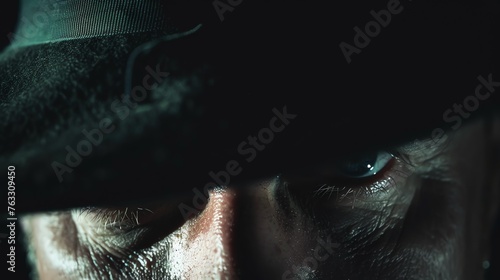 Mystery of a detective novel with a closeup shot of a detectives eyes peering through the shadows