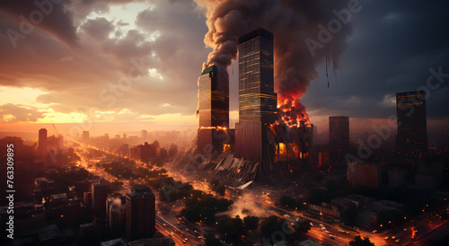 View of the destruction of the Twin Towers in a city