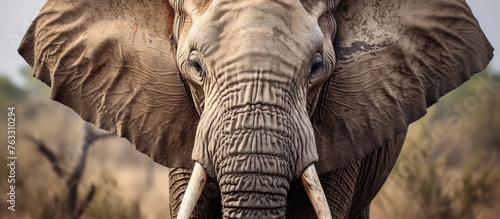 A closeup of an elephants face and tusks, showing its large wrinkled snout. Elephants, like mammoths, have unique hair patterns and are often seen in natural landscapes