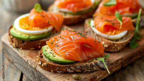 Close-up of smoked salmon avocado sandwiches, good for healthy eating themes.