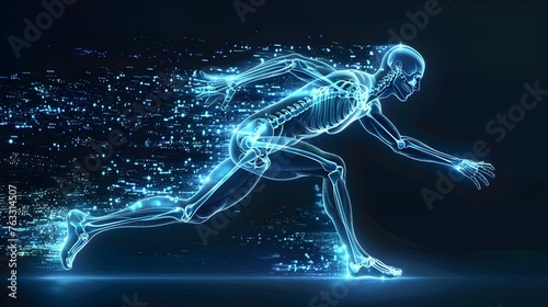 Illustration of a running man with a skeleton x-ray scan highlighting orthopedic advancements. Concept Medical Illustration, Orthopedic Advancements, X-Ray Scan, Running Man, Skeleton Poses