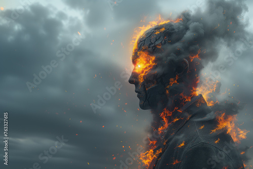 Silhouette man with fire erupting from his head