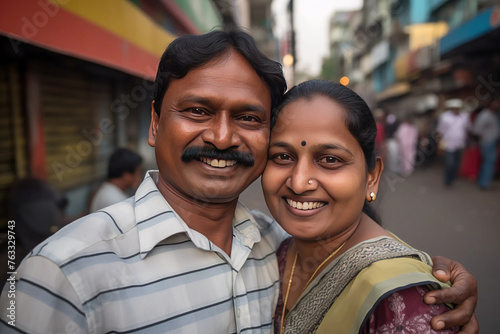 Beautiful Couple Indian Man Woman talking head shoulders shot bokeh out of focus background on a cosmopolitan western street vox pop website review or questionnaire candid photo