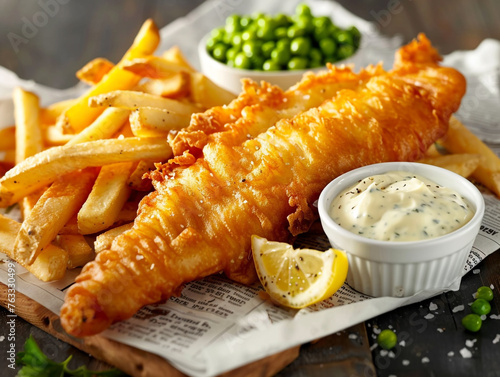 A view of a classic British fish and chips meal, featuring a large piece of golden, crispy battered fish alongside a generous portion of thick-cut fries.