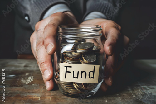 Jar with coins inside attached with scotch tape word “Fund”. the background is businessman hand behind, investment in fund for financial freedom and retirement concept