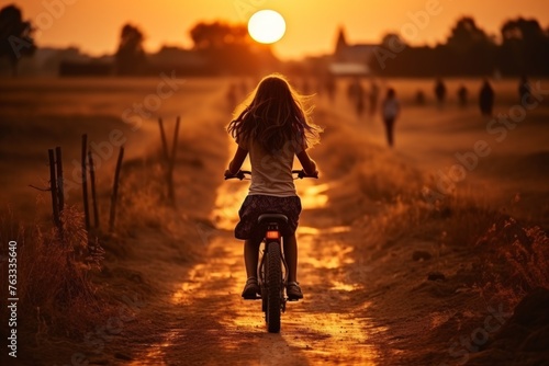 a group of luxurious girls ride motorcycles against the backdrop of sunset. Distant side view