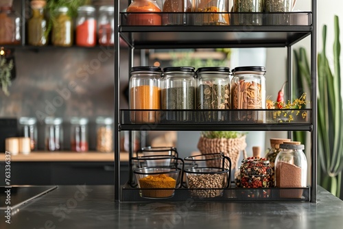An industrial-style metal podium featuring neatly stacked spice jars and condiments.
