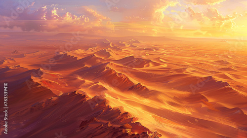  An expansive desert expanse that stretches for as far as the eye can perceive, featuring tall sand dunes shaped by the wind and a vivid sunset that tints the sky with warm tones