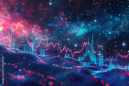Cosmic-themed stock market visualization with starry background and constellation-like graph lines.