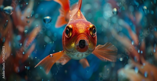 Close-up of a colorful goldfish surrounded by bubbles in a deep blue aquatic environment.