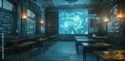 A classroom from the future, equipped with holographic projections of the cosmos, offering an immersive educational environment.