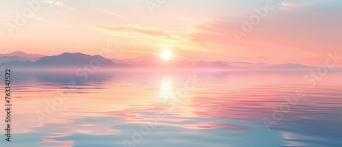 A serene pastel sunset over a calm lake, reflecting the soft hues of the sky in the water,