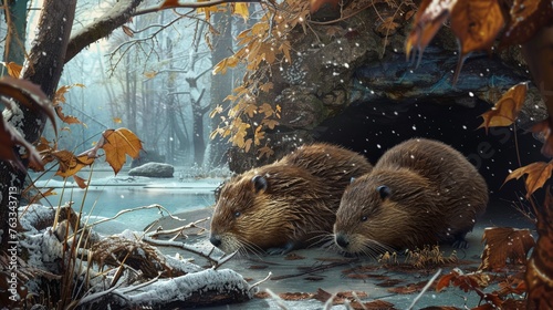 A serene scene of beavers peacefully hibernating in their candy cave , no contrast
