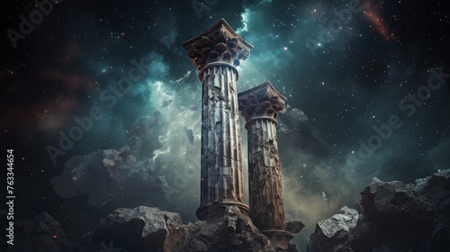 Celestial scene with a Doric column against the backdrop of cosmic nebulae