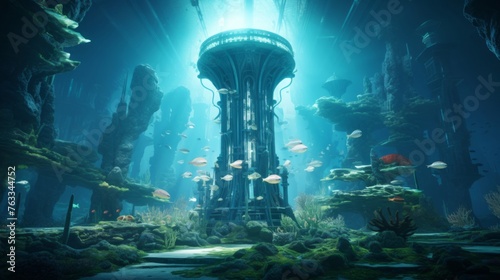 Ancient Doric column in an underwater cityscape bioluminescent fauna illuminating the structure