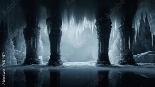 Within an ice cave a Doric colonnade shines mirroring the cave's frozen walls