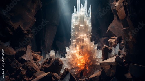 Subterranean cave with luminous crystals and Doric column underground wonder