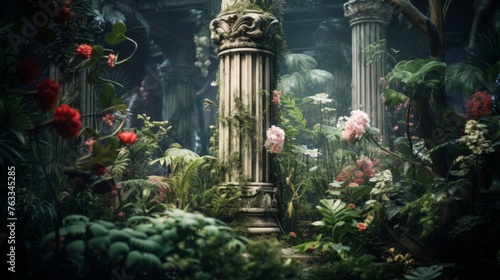 Doric column anchors an alien botanical garden vibrant with exotic life