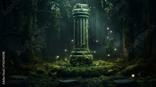 Magical creatures gather by a Doric column in an enchanted forest ethereal light surrounds