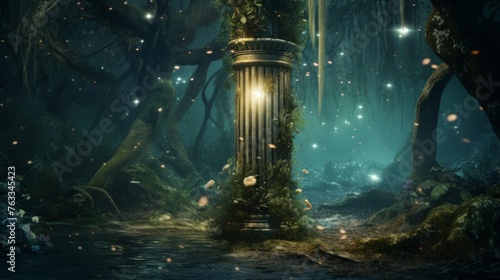 In a fairy-lit forest a Doric column stands where magic dwells among the trees