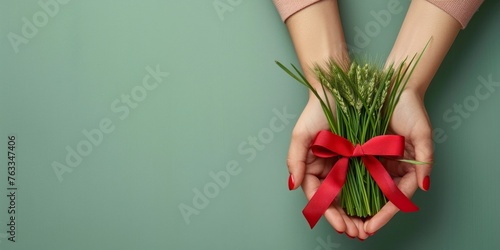 woman's hands holding wheatgrass tied with a red ribbon, light green background, banner for invitation with copy space. Nowruz Holiday. 21 march, the main symbol of Nowruz.