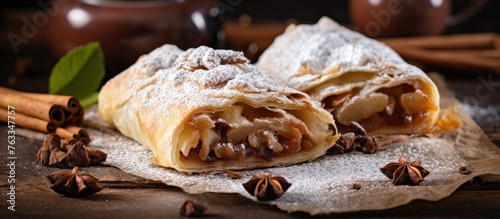 Homemade apple strudel with nuts and sugar powder