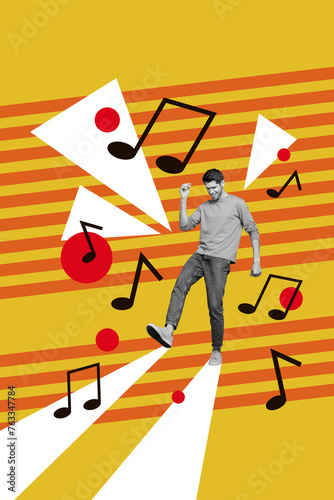 Vertical creative collage picture happy funky man excited dancer party disco note music listener festive event weekend relaxation