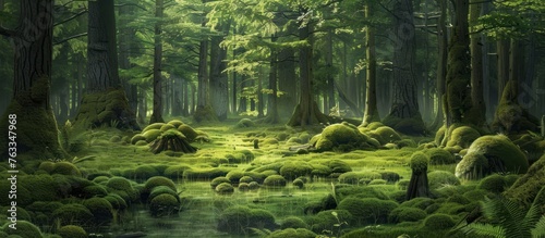 Within the image lies a verdant forest, its emerald canopy stretching as far as the eye can see. Tall trees, adorned with moss-covered trunks, stand proudly amidst the dense foliage