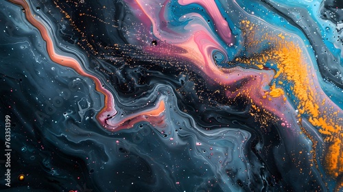 Swirling colors interact in a fluid dance, dynamic patterns that capture the chaos and beauty of abstract art, colorful background with a lot of paint, illustration from Generative AI