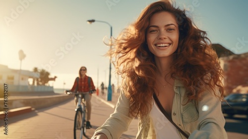 Beautiful young woman with freckles and a model appearance smiling while riding a bike along the promenade.
