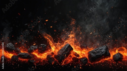 Background with fire sparks, embers and smoke. Overlay effect of burn coal, grill, hell or bonfire with flame glow, flying red sparkles and fog on black background