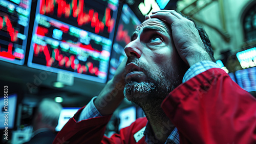 Wall Street investors, hands on head, gaze upward at red charts on crowded trading floor, conveying despair.generative ai