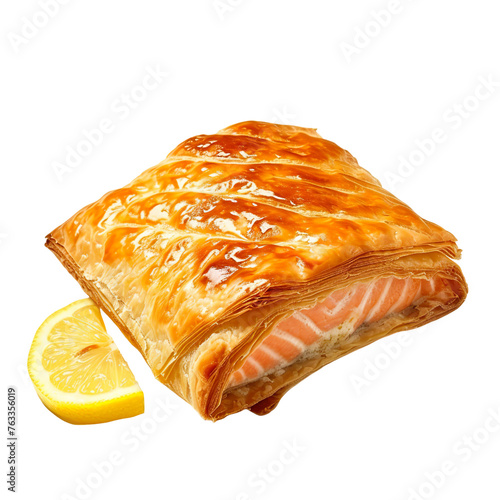  front view of Salmon en Croute with a whole salmon fillet wrapped in puff pastry, served with a lemon wedge, isolated on a white transparent background.