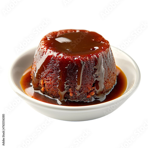 front view of Sticky Toffee Pudding with a moist date sponge and a rich toffee sauce, served in a classic British pudding bowl,isolated on a white transparent background.