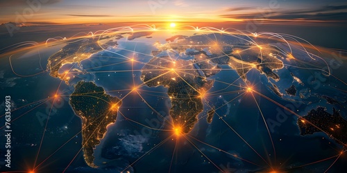 Mapping the Global Trade Network: Interconnected Lines Across Europe and Asia. Concept Trade routes, Europe, Asia, Global network, Interconnected lines