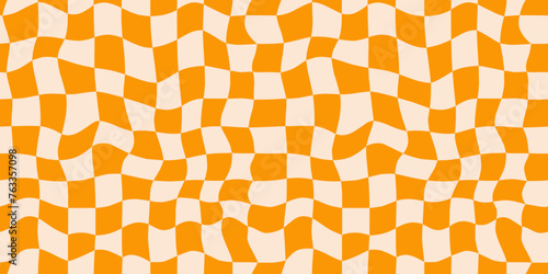 Seamless orange liquid checkerboard pattern. Repeated distorted checkered texture. Groovy trippy abstract surface background. Vector vintage retro style wallpaper for textile, fabric, wrapping paper