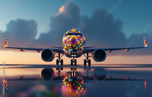 Airplane with flowers on the fuselage on the runway against the the sunset/dawn sky. Eco-friendly air transport concept. Environmental pollution. Harmful emissions. Ecological fuel. Happy vacation.