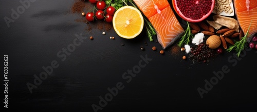 A variety of food close up with fish, vegetables, and nuts