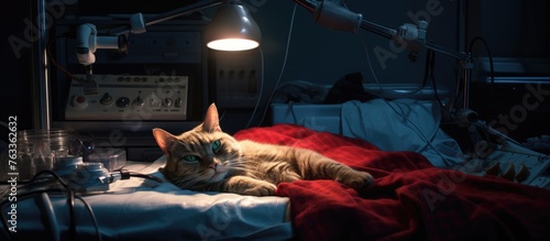 A feline resting on a bed beneath a glowing lamp