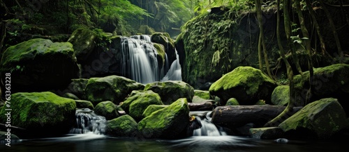 Waterfall in lush jungle with mossy rocks and trees