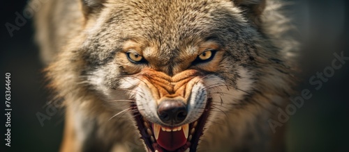 A wolf baring teeth and a fierce North American coyote close-up