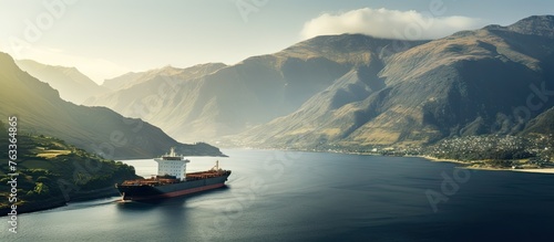 Bulk carrier sailing at sea with mountainous coast backdrop