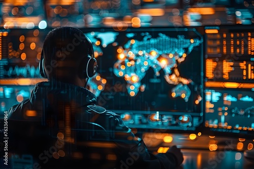 Monitoring cybersecurity threats in a dark hightech security operations center in rea. Concept Cybersecurity Threats, Security Operations Center, Dark Environment, High Tech, Monitoring