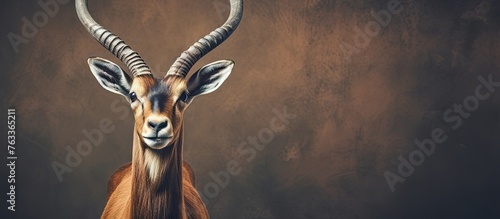 Deer with lengthy horns in front of brown backdrop