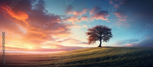 Lonely tree on hill with sunset in background
