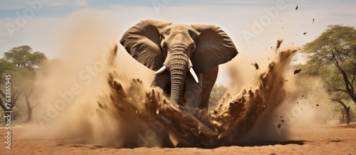 Elephants approaching in dusty terrain