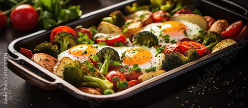 Baked vegetables and eggs on tray with tomatoes and broccoli