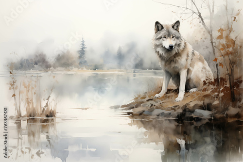 A watercolor painting of a wolf on the edge of a pond amidst the mist.