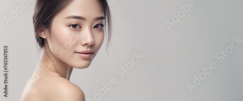 Woman with beautiful face, healthy facial skin portrait. Beautiful happy Asian girl model with nature